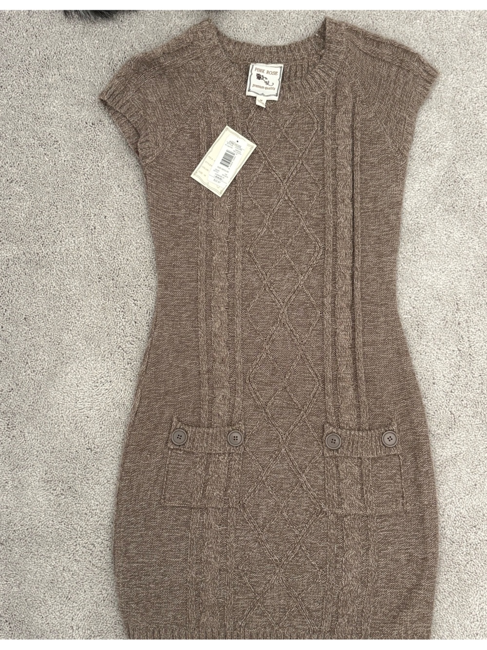 Pink Rose Cable Knit Button Pocket Sweater Dress - Brown Size Medium